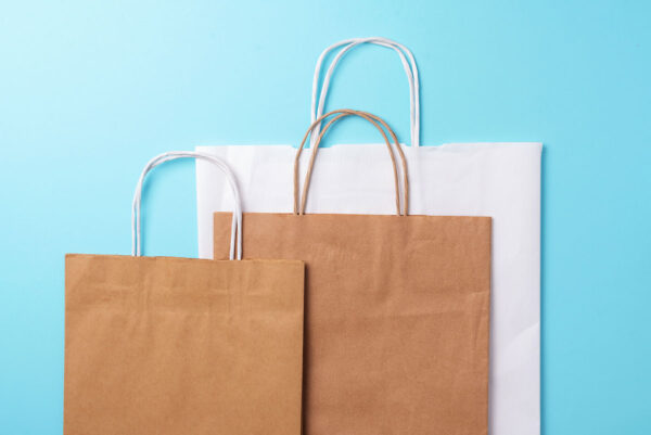 Bolsas de papel kraft sobre un fondo celeste