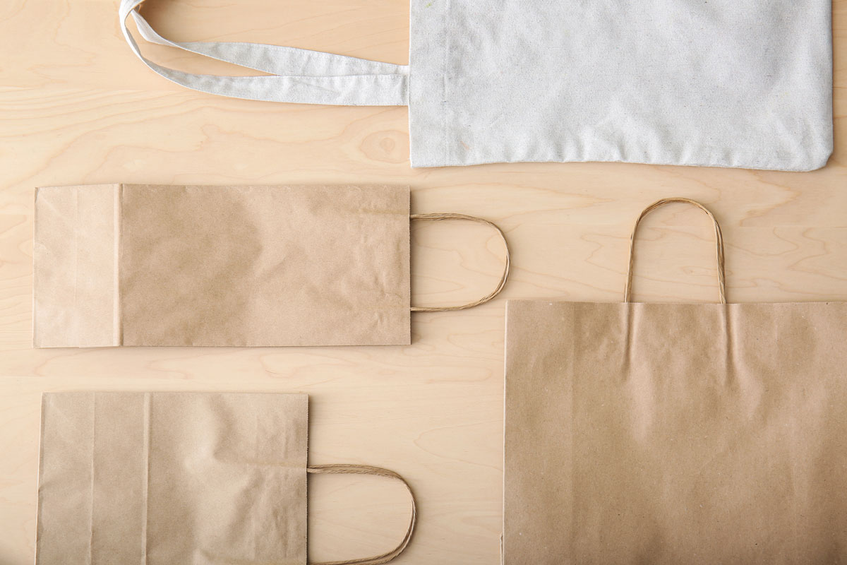 Bolsas de papel kraft con asas sobre un escritorio de madera